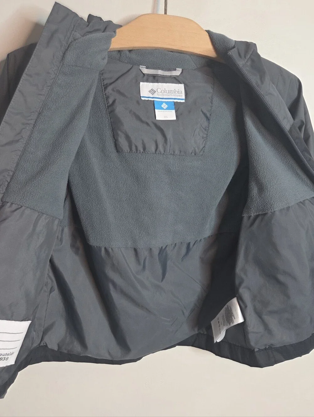 Columbia Kids XS Hooded Rain Jacket Windbreaker Gray Navy Fleece Lined
